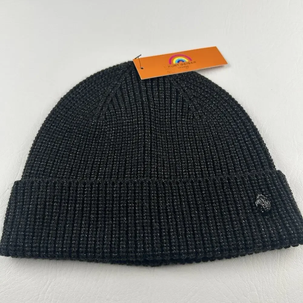 Kurt Geiger London Black Knit Beanie Hat Cuffed One Size NWT Unisex Ribbed